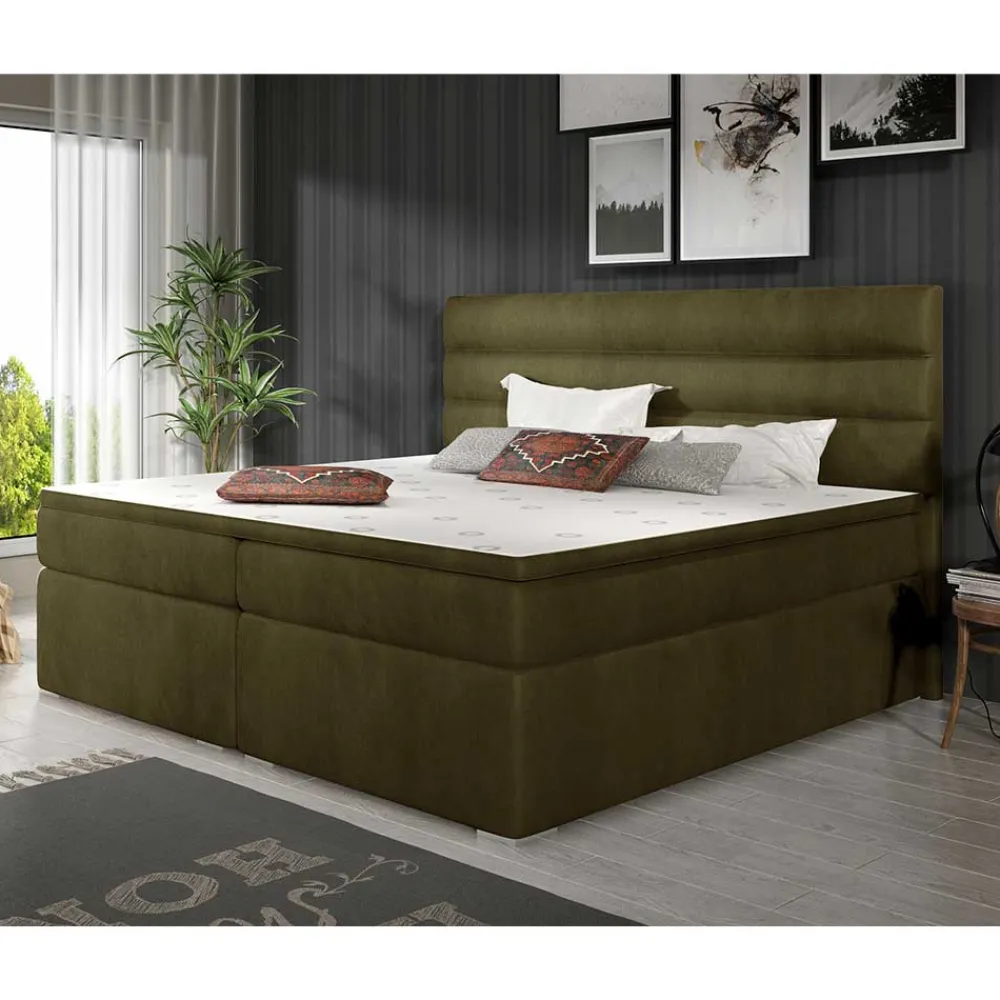 Wohnen Betten|Betten*Samt-Polsterbett in Oliv Grün - Frisata