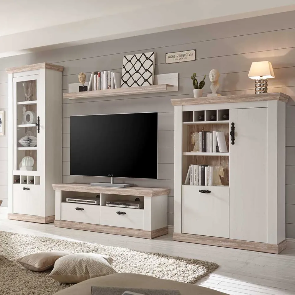 Wohnen Wohnwände|Wohnwand*Scandi Landhaus Wohnzimmermöbel Set Nedita in Weiß (vierteilig)