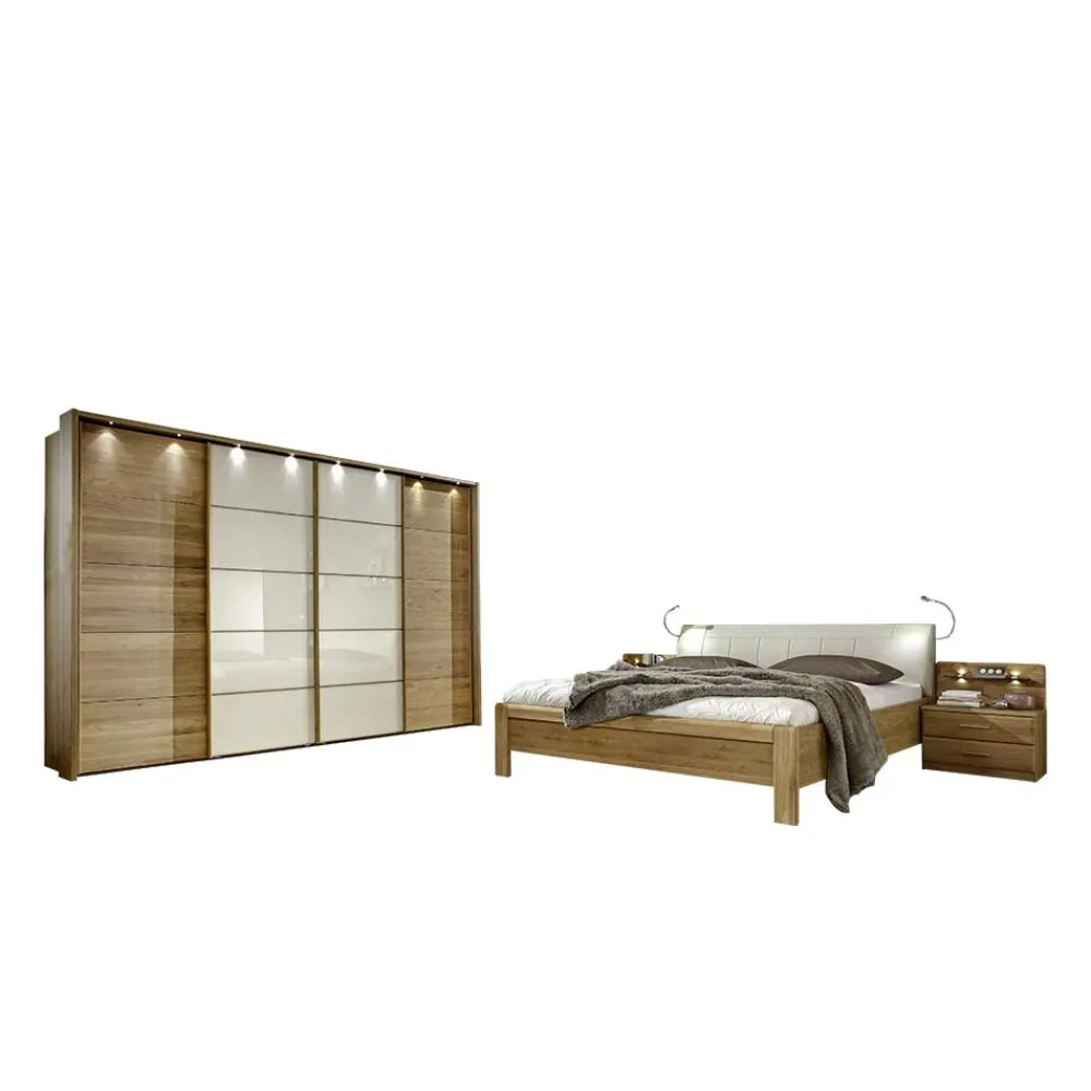 Wohnen Weiße Möbel|Glasmöbel*Schlafzimmer Set Waruna mit Eiche Massivholz (vierteilig)