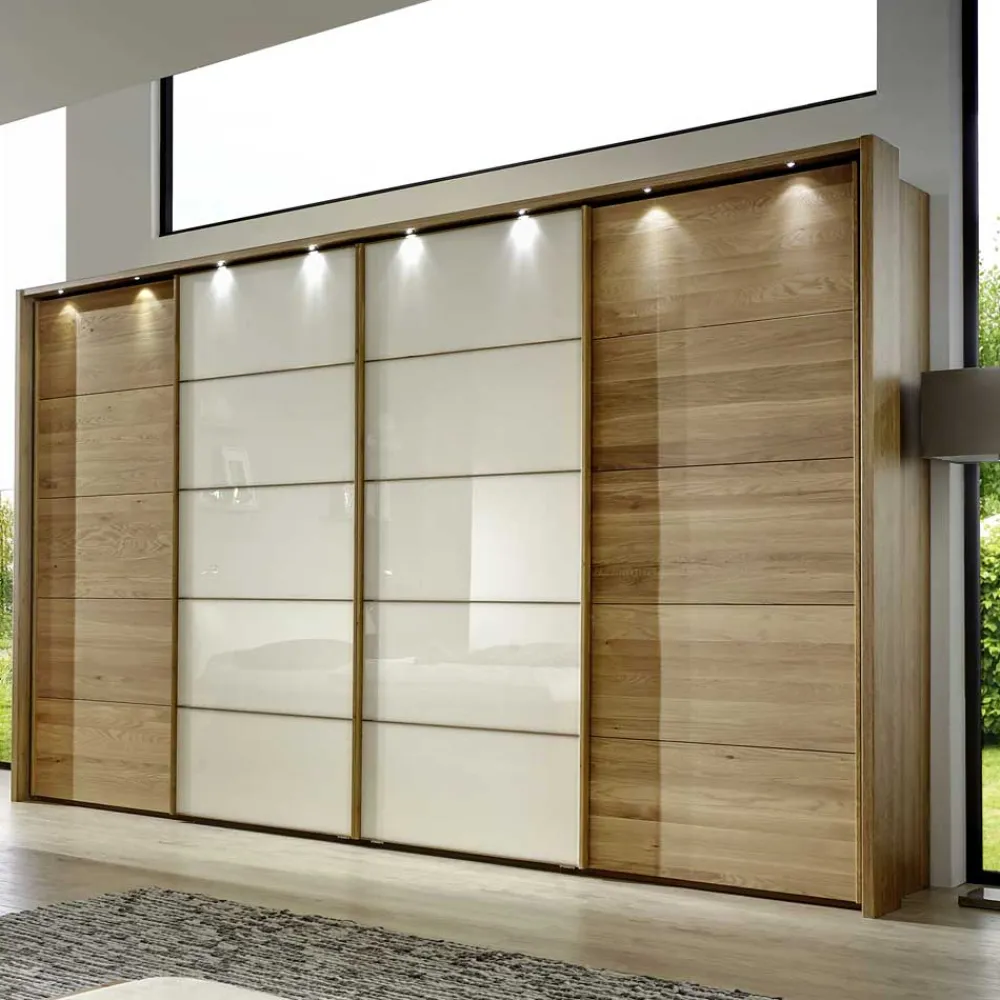 Wohnen Weiße Möbel|Glasmöbel*Schlafzimmer Set Waruna mit Eiche Massivholz (vierteilig)