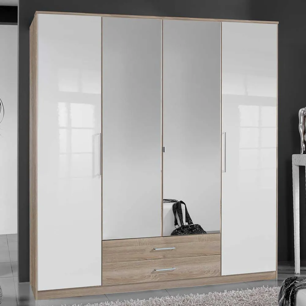 Wohnen Weiße Möbel|Glasmöbel*Schlafzimmer-Kleiderschrank in Weiß HG & Eiche sägerau - Grands
