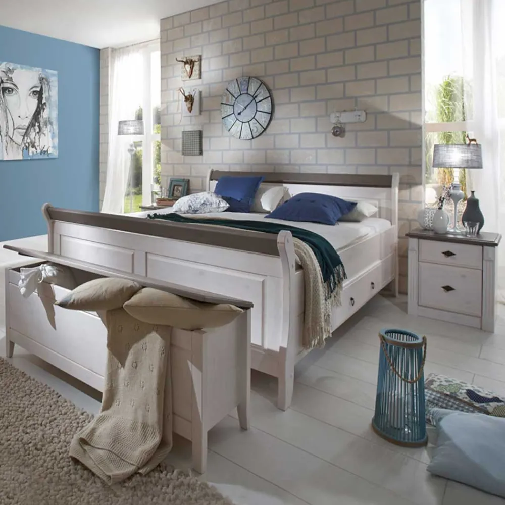 Wohnen Schlafzimmer Komplett*Schlafzimmerset Lando in Weiß Grau Landhaus (vierteilig)