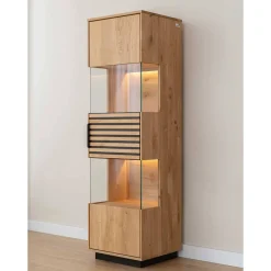 Wohnen Schwarze Möbel|Wohnzimmerschränke*Schmale Massivholz Vitrine mit LED Beleuchtung - Eribella