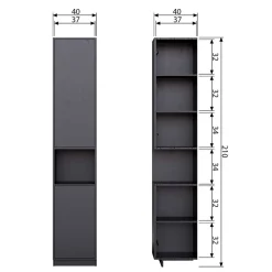 Wohnen Esszimmer-Vitrinen*Schmaler Hochschrank in Schwarz Kiefernholz teilmassiv - Niwidus