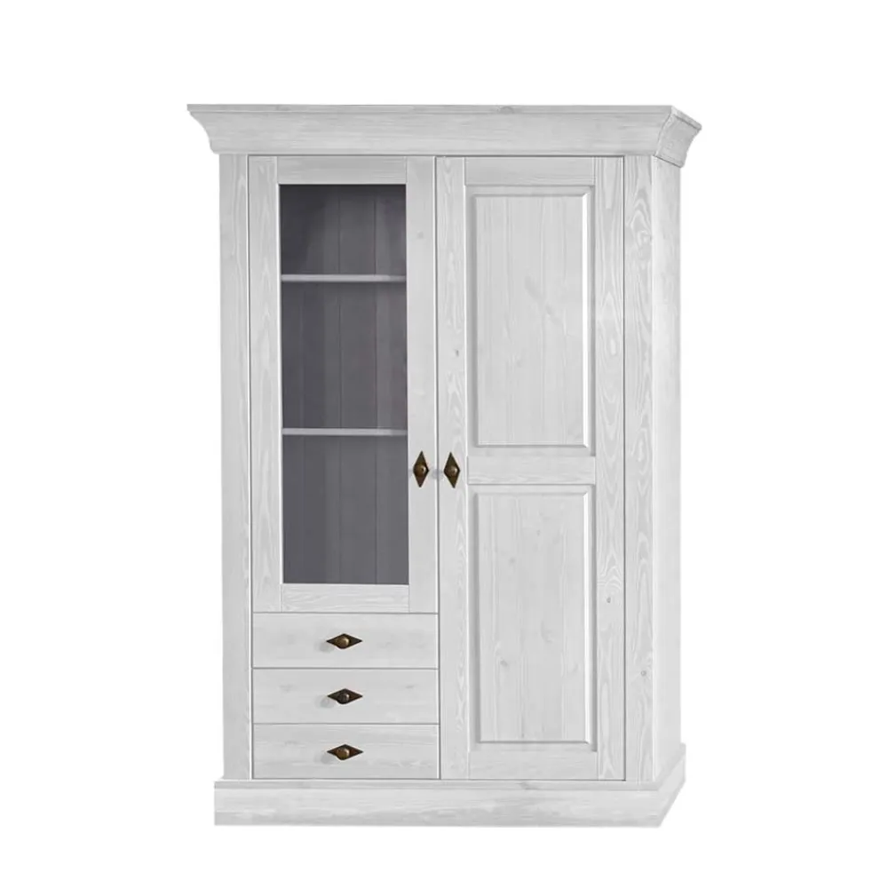 Wohnen Esszimmer-Vitrinen*Schrank Vitrine Satumare in Weiß Kiefer teilmassiv