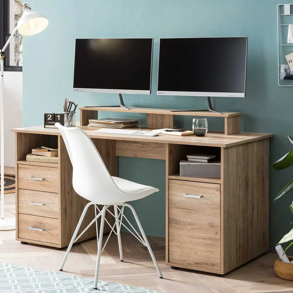 Wohnen Schreibtisch mit Aufsatz in Wildeiche Dekor - Kalizoa