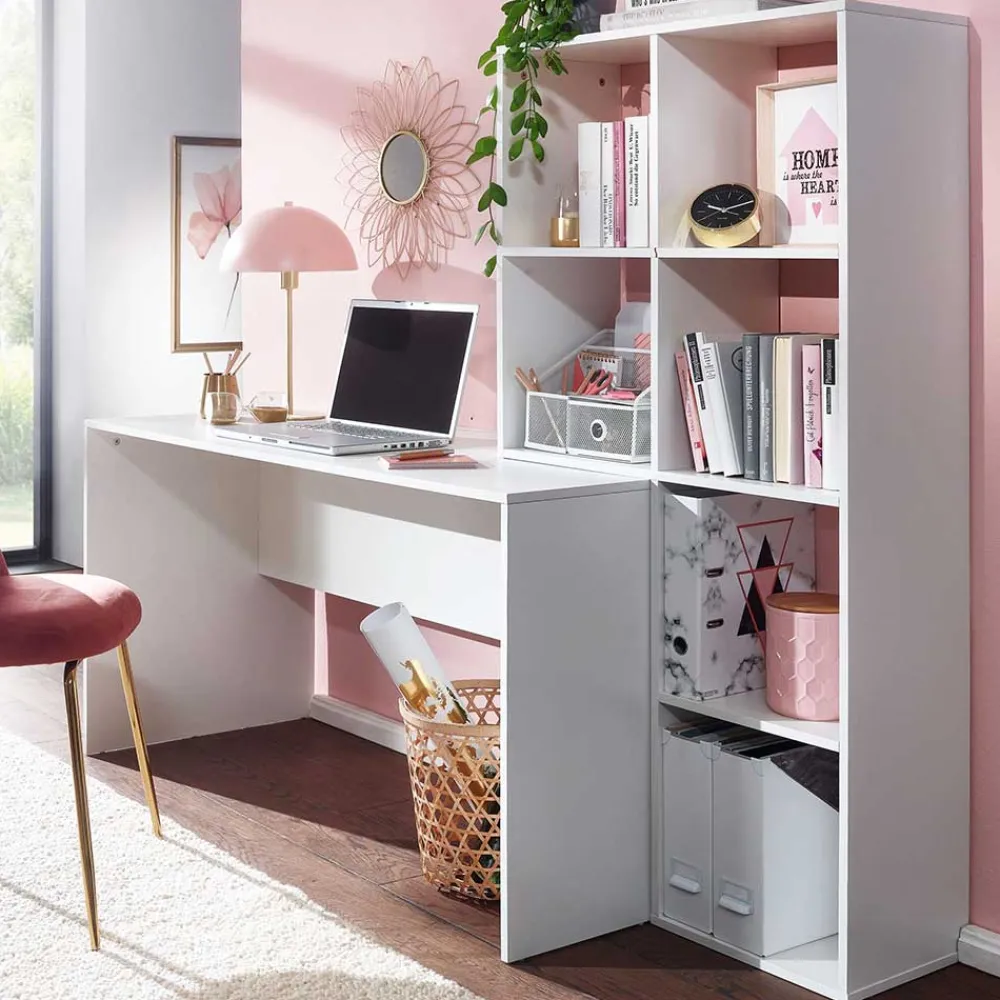 Wohnen Schreibtisch mit Regal 6 Fächer in Weiß - Intora