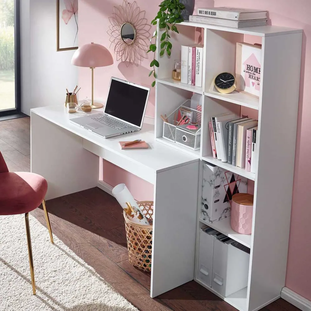 Wohnen Schreibtisch mit Regal 6 Fächer in Weiß - Intora