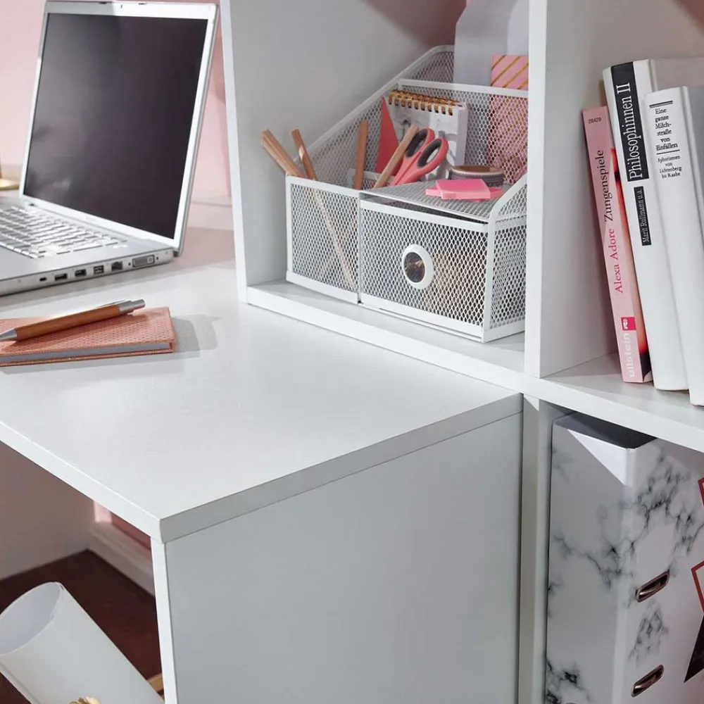 Wohnen Schreibtisch mit Regal 6 Fächer in Weiß - Intora