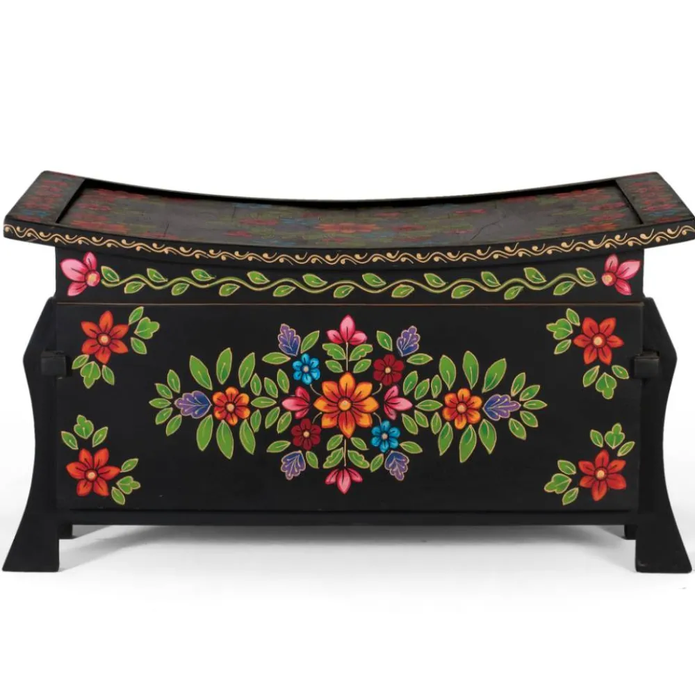 Wohnen Schwarze Truhe mit bunter Blumen Malerei - Sacrala
