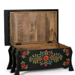Wohnen Schwarze Truhe mit bunter Blumen Malerei - Sacrala