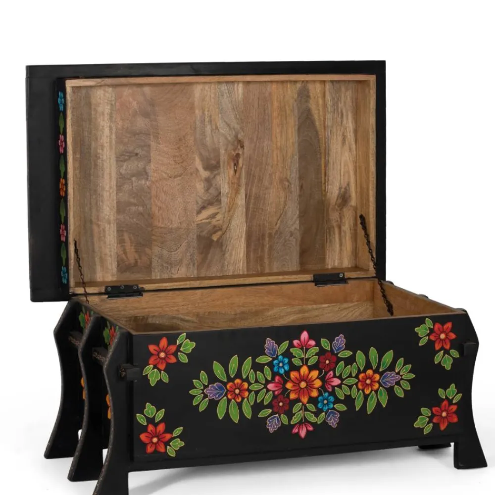 Wohnen Schwarze Truhe mit bunter Blumen Malerei - Sacrala