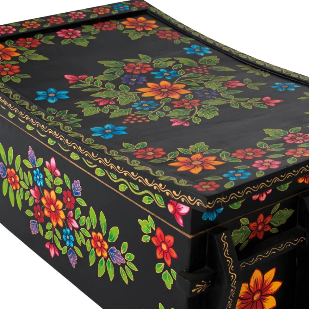 Wohnen Schwarze Truhe mit bunter Blumen Malerei - Sacrala