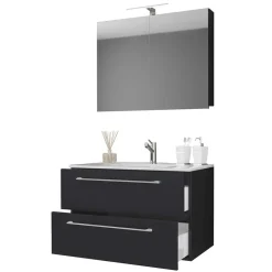 Wohnen Schwarze Möbel|Glasmöbel*Schwarzer Badezimmer-Waschplatz Set - Gloriella (zweiteilig)