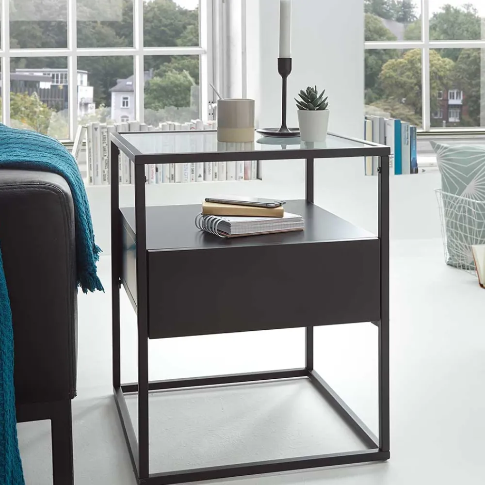 Wohnen Küchentische|Couchtisch*Schwarzer Beistelltisch mit Klarglas Platte - Troketta