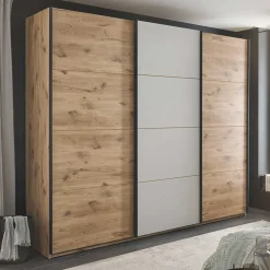 Wohnen Schwebetürenschrank in Grau und Wildeiche Hell - Simple