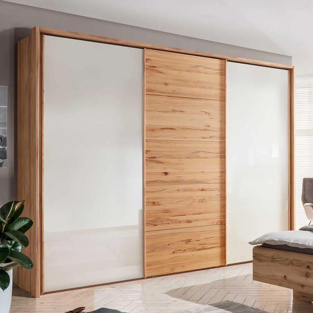 Wohnen Massivholzmöbel|Kleiderschränke*Schwebetürenschrank in Kernbuche & Beige - Krofun