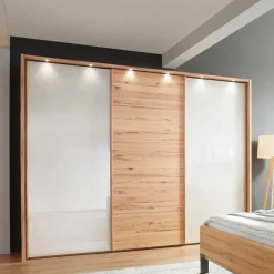 Wohnen Massivholzmöbel|Kleiderschränke*Schwebetürenschrank in Kernbuche & Beige - Krofun