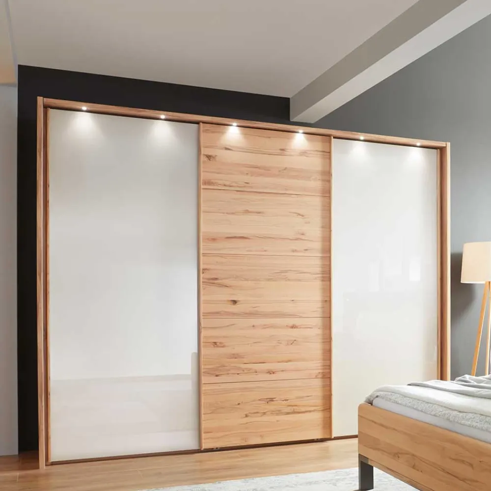 Wohnen Massivholzmöbel|Kleiderschränke*Schwebetürenschrank in Kernbuche & Beige - Krofun