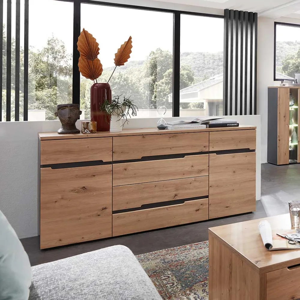 Wohnen Graue Möbel|Küchenschränke*Sideboard in Wildeiche & Dunkelgrau - Kuetra