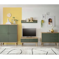 Wohnen Skandi Anbauwand-Möbel in Graugrün - Oliva (vierteilig)