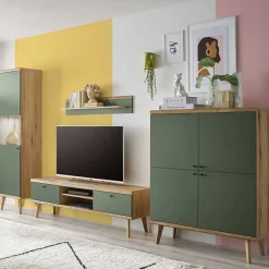 Wohnen Wohnwände|Wohnwand*Skandi Wohnwand Möbel in Graugrün - Oliva (vierteilig)