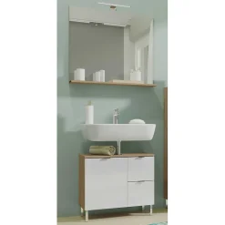 Wohnen Glasmöbel|Badezimmer Komplett*Spiegel & Beckenschrank in Weiß Glanz - Narilos (zweiteilig)