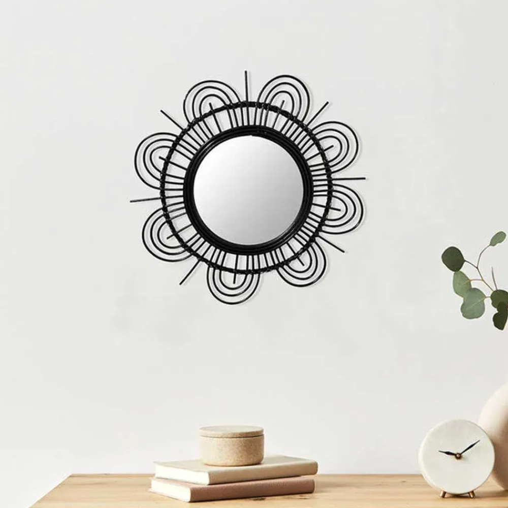 Wohnen Spiegel mit Rattanrahmen im Blumen Look - Puzian