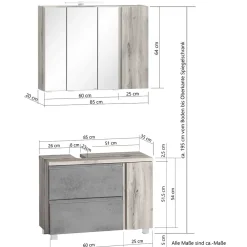 Wohnen Spiegelschrank 4-türig & Unterbeckenschrank - Mia (zweiteilig)