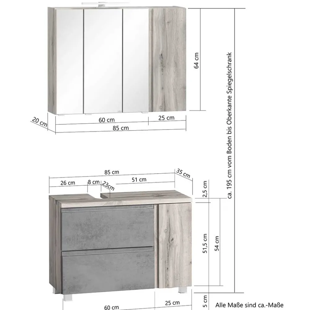 Wohnen Spiegelschrank 4-türig & Unterbeckenschrank - Mia (zweiteilig)