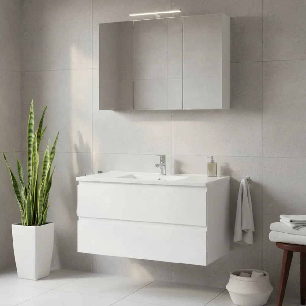 Wohnen Badezimmer Komplett*Spiegelschrank und Waschtisch Concetada in Hochglanz Weiß (zweiteilig)