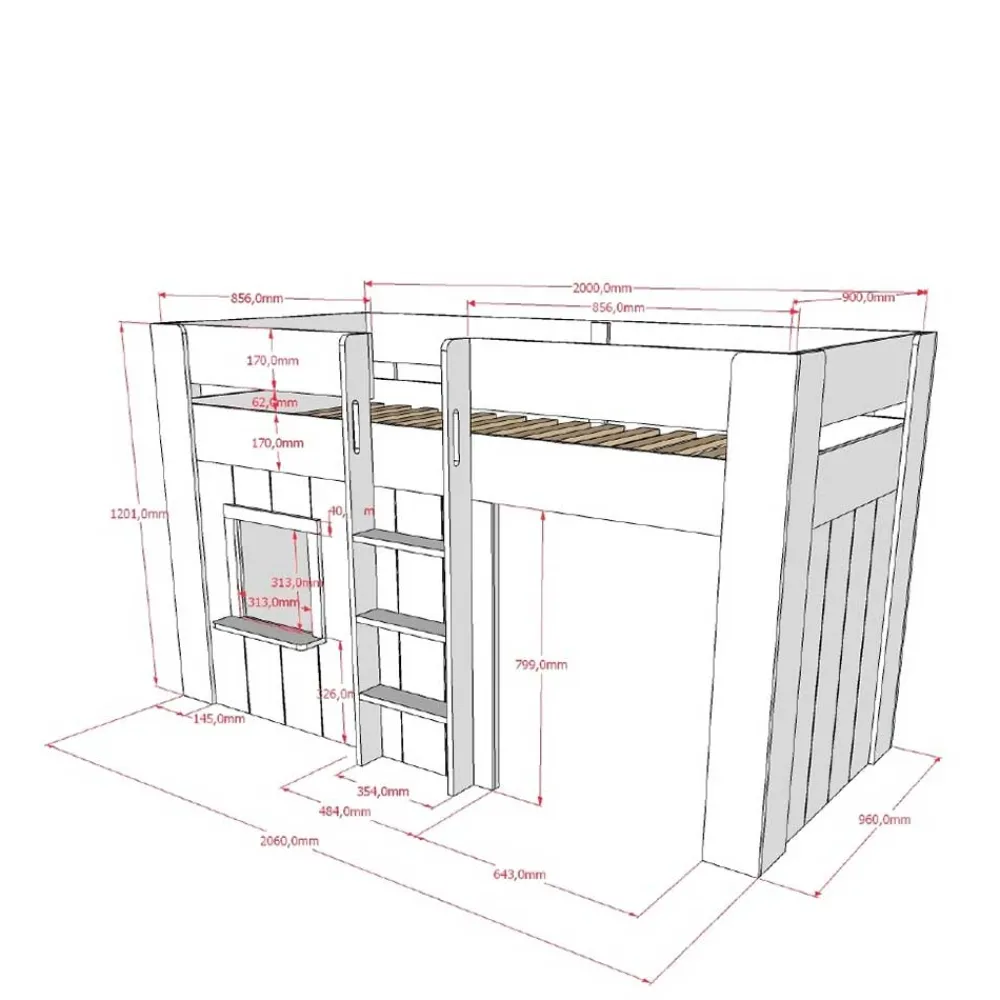 Kinder Wohnen Spielbett mit Hütte 120 cm hoch - Aramo