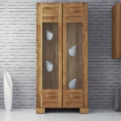 Wohnen Vitrinen|Wohnzimmer-Vitrinen*Standvitrine Vaskov aus Wildeiche Massivholz