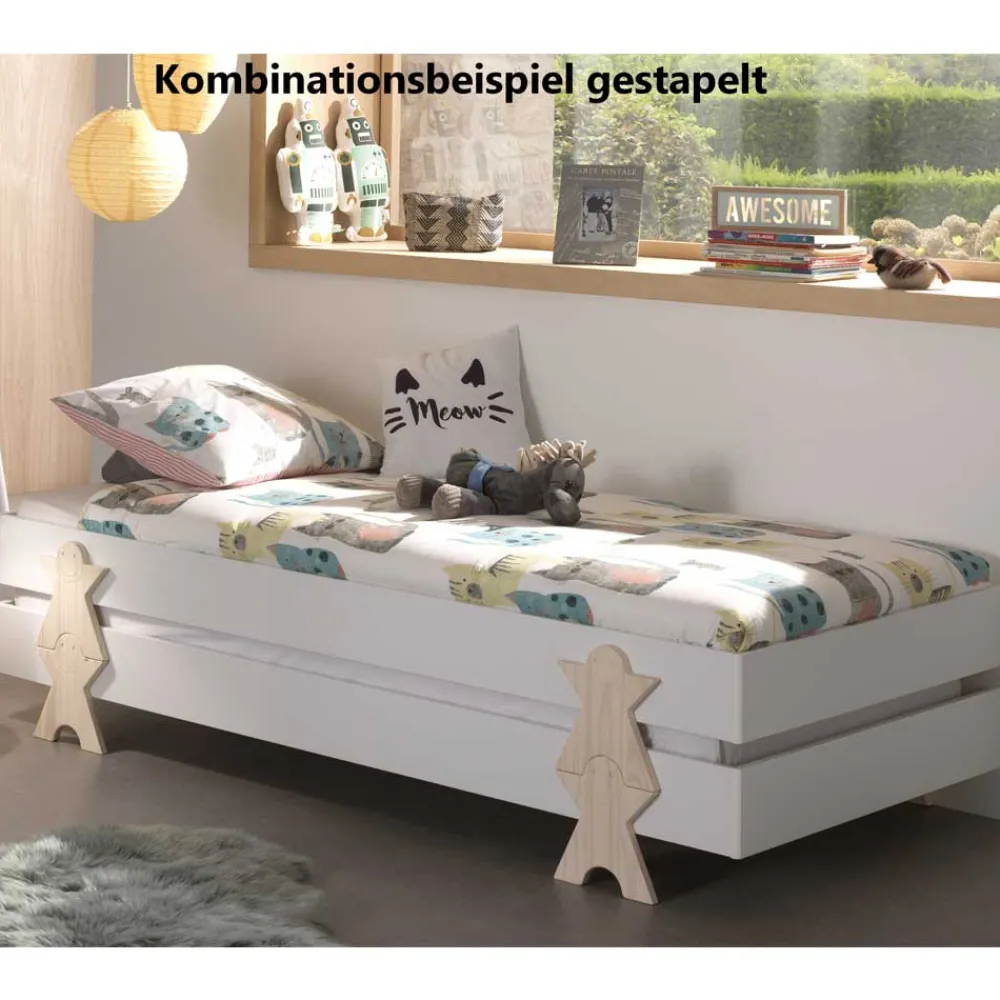 Kinder Wohnen Stapelbett einzeln in Weiß & Natur Kiefer - Elvapo