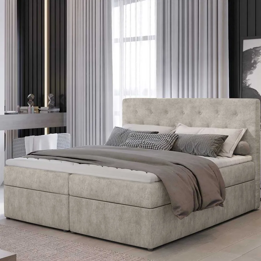 Wohnen Stauraum Bett in Cremeweiß Stoffbezug - Annely