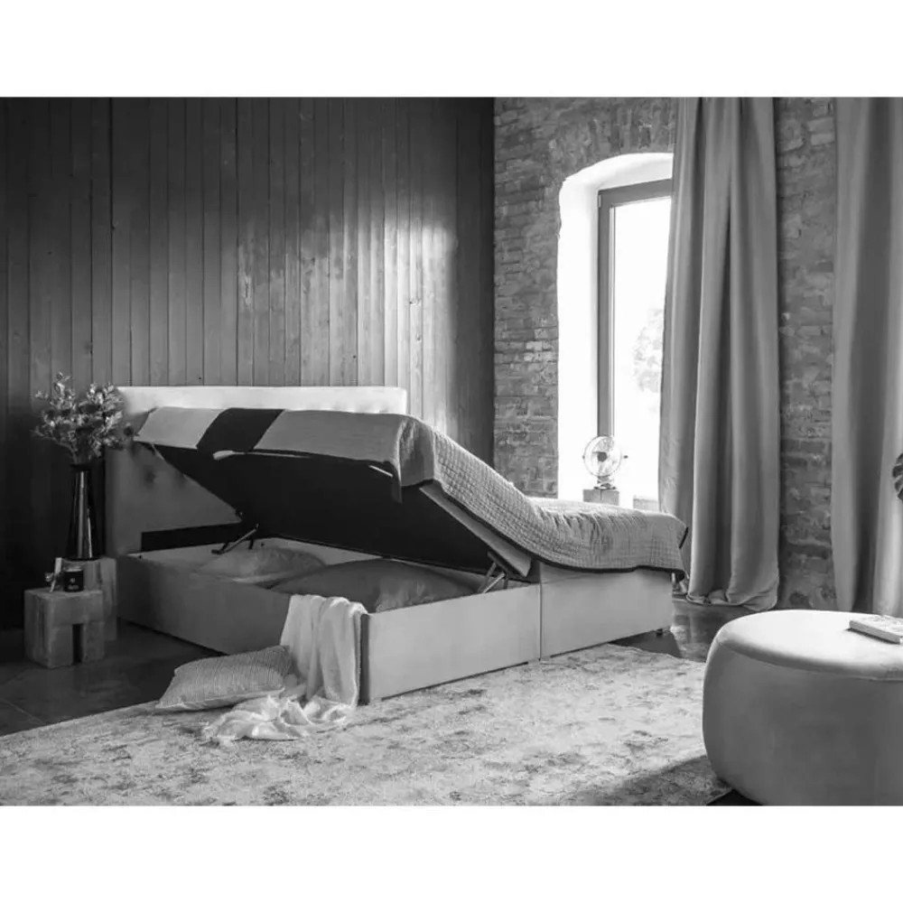 Wohnen Stauraum Bett in Cremeweiß Stoffbezug - Annely