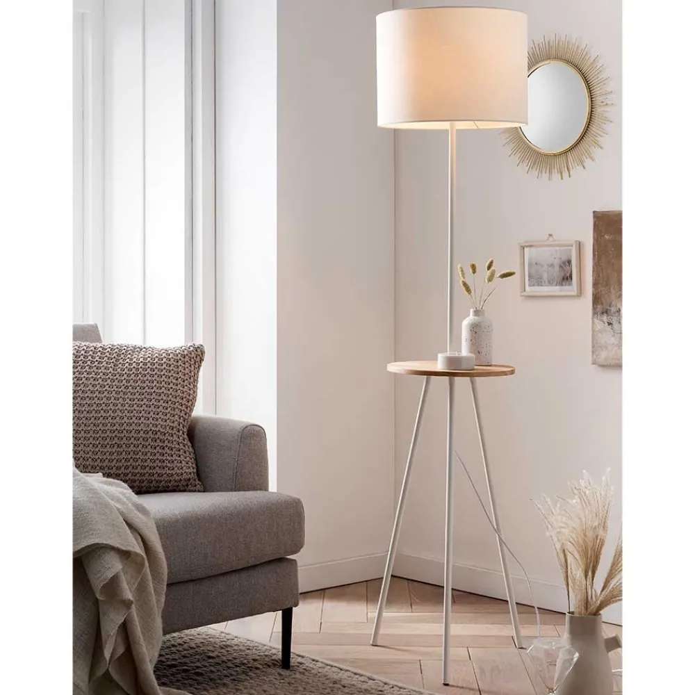 Wohnen Weiße Möbel|Lampen & Leuchten*Stehleuchte mit Ablagetisch aus Holz & Metall - Progressive