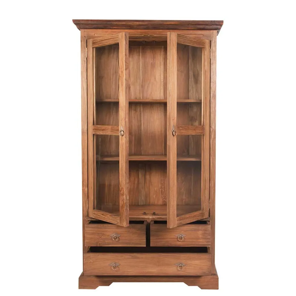 Wohnen Teakholz Vitrinenschrank Mangato im Landhausstil