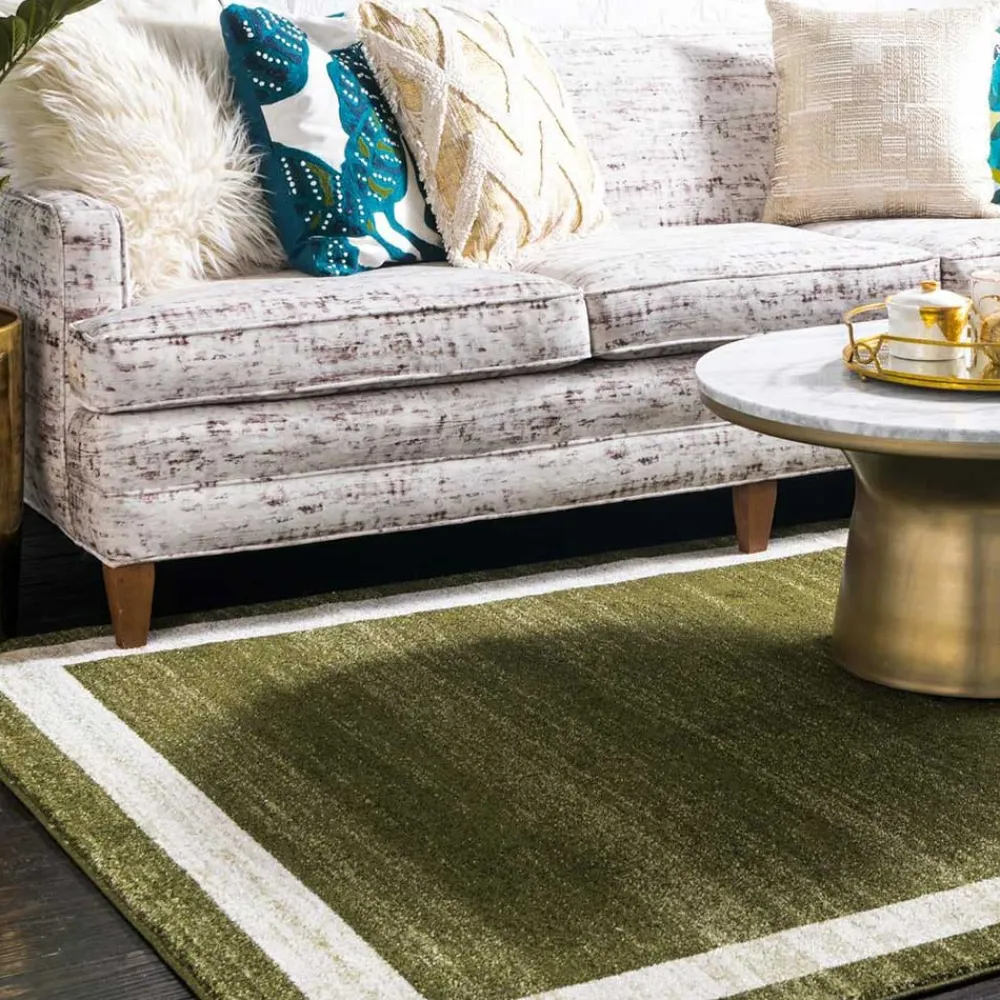 Wohnen Teppich in Oliv Grün mit Rahmen in Creme - Loritana