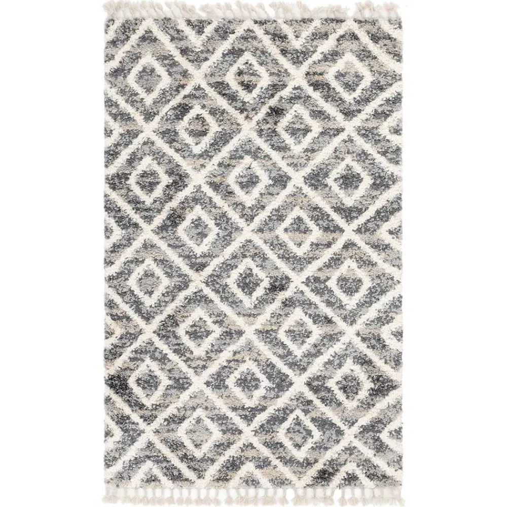 Wohnen Teppiche*Teppich mit handgeflochtenen Fransen in Creme und Grau - Juwan