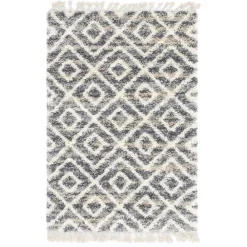 Wohnen Teppiche*Teppich mit handgeflochtenen Fransen in Creme und Grau - Juwan