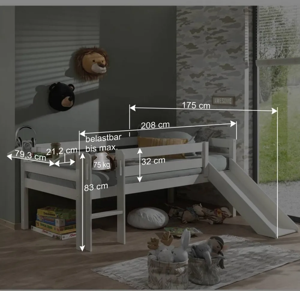 Wohnen Kindermöbel|Kinderbetten*Tiefes Kinder-Hochbett mit Rutsche - Almaron