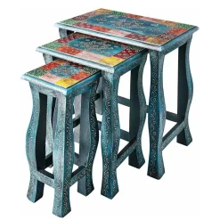 Wohnen Naturholzmöbel|Massivholzmöbel*Toller Dreisatztisch in Blau & Bunt - Faneno (dreiteilig)