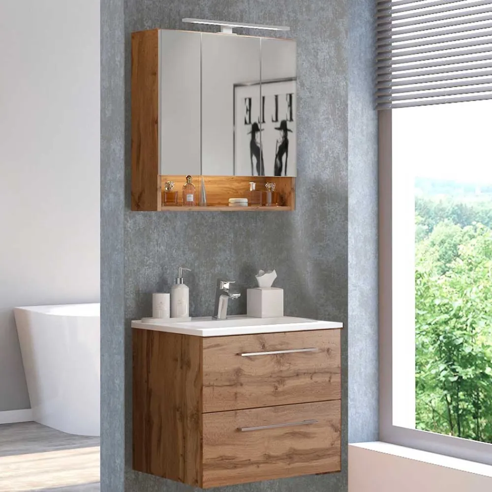 Wohnen Badezimmer Komplett*Topp Waschplatz Kombi in Holz - Lemnas (zweiteilig)