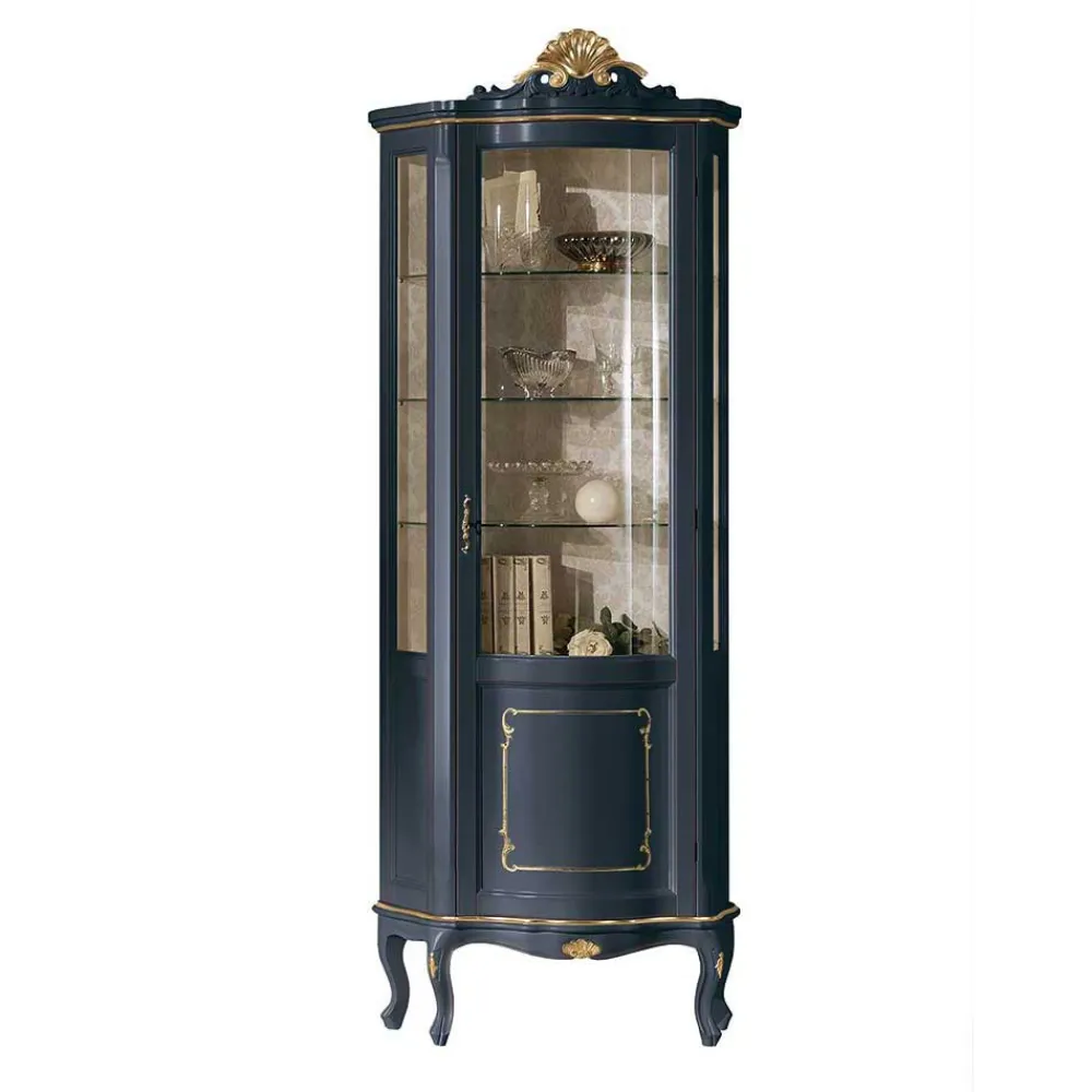 Wohnen Esszimmer-Vitrinen*1-türige Barock Vitrine in Dunkelblau & Gold - Otaligo
