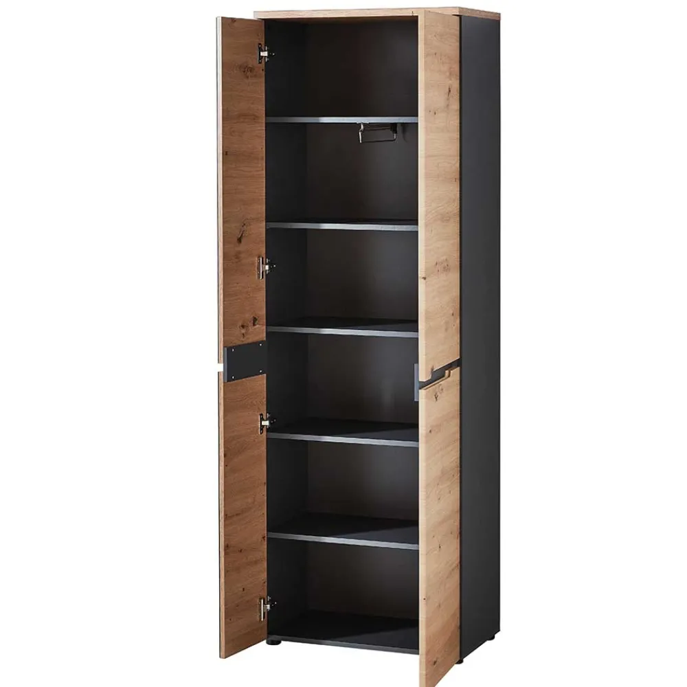 Wohnen Glasmöbel|Schränke*2-türiger Dielenschrank mit Spiegel & Wildeiche Dekor - Kuetra