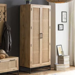 Wohnen 2-türiger Flurschrank aus Holz & Rattan Geflecht - Lazianus