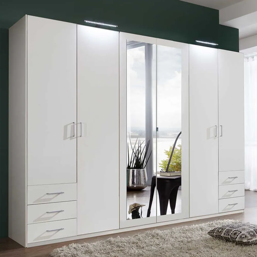 Wohnen Kleiderschränke*6-türiger Kleiderschrank in Weiß mit Spiegel - Furcia
