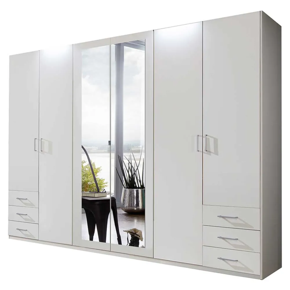 Wohnen Kleiderschränke*6-türiger Kleiderschrank in Weiß mit Spiegel - Furcia