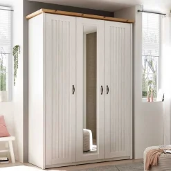 Wohnen Kleiderschränke|Kleiderschränke*3-türiger Kleiderschrank in Weiß & Eiche Dekor - Malvissa
